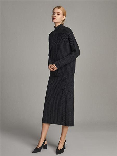珍贝女装品牌2020秋冬黑色气质流行羊毛针织衣裙套装