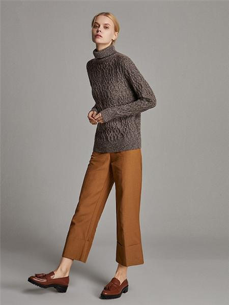 珍贝女装品牌2020秋冬咖啡色经典色织高领套头羊毛衫
