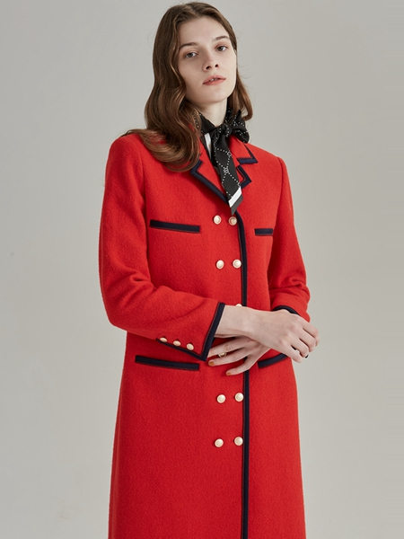 欧碧倩女装品牌2020秋冬红色韩版双排扣长款毛呢大衣