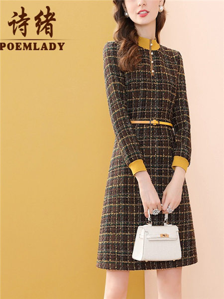POEMLADY女装品牌2020秋冬黄色领口袖口束腰微领气质连衣裙