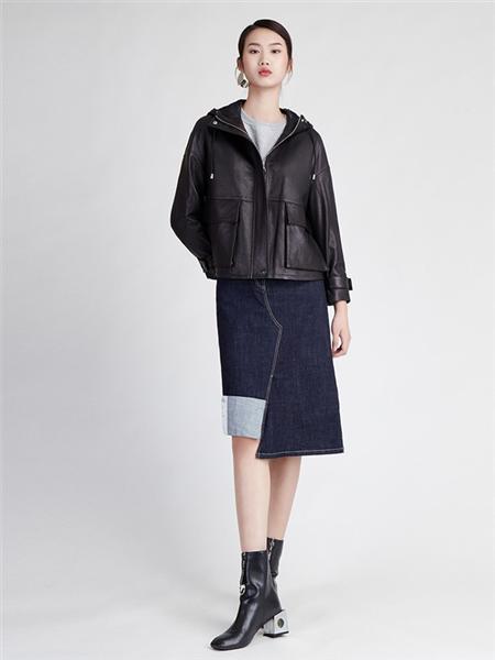 安可儿女装品牌2020秋冬黑色帅气街头皮质外套
