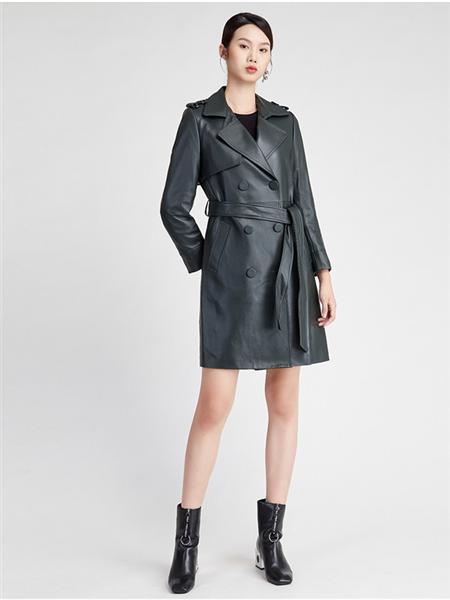 安可儿女装品牌2020秋冬深色双排扣束腰皮质风衣