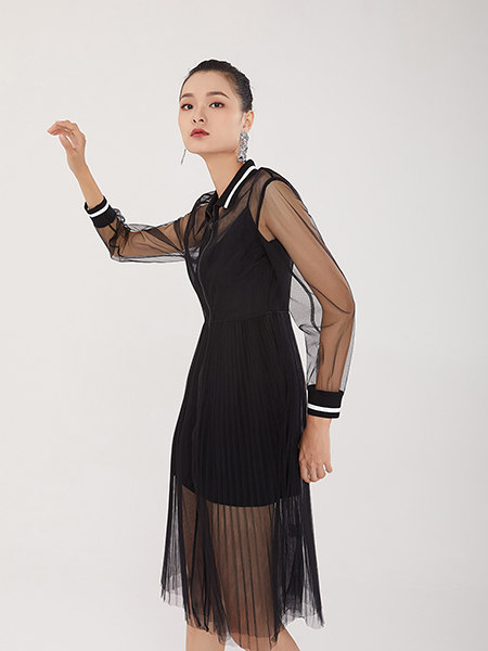 EATCH女装品牌2021春夏黑色双层网纱连衣裙