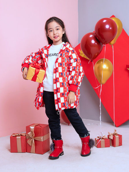 杰米熊童装品牌2020秋冬红色格纹时尚潮流中长款羽绒服