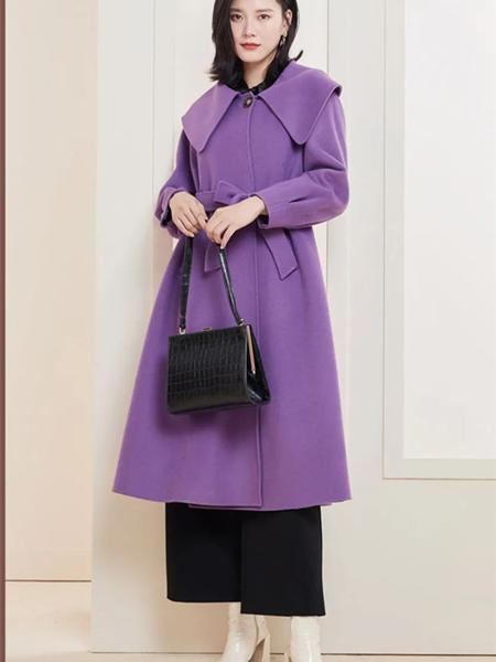 YSGJ女装品牌2020秋冬紫色翻领束腰毛呢大衣