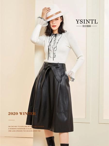 YSGJ女装品牌2020秋冬黑色高腰蝴蝶结皮质半身裙