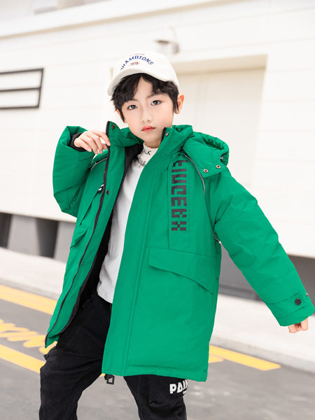 西瓜王子童装品牌2020秋冬绿色连帽中长款羽绒服