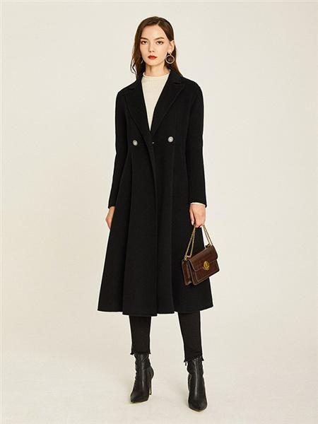 敦奴女装品牌2020秋冬黑色时尚收褶显瘦毛呢大衣