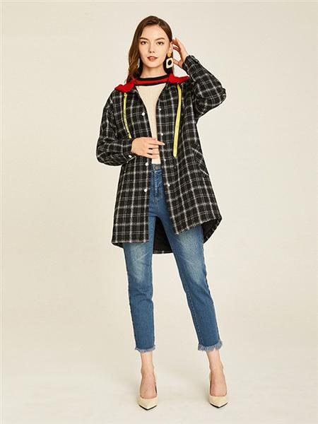 敦奴女装品牌2020秋冬经典黑白格中长款毛呢大衣