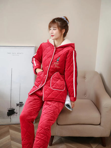 珍妮芬内衣品牌2020秋冬大红色夹棉睡衣