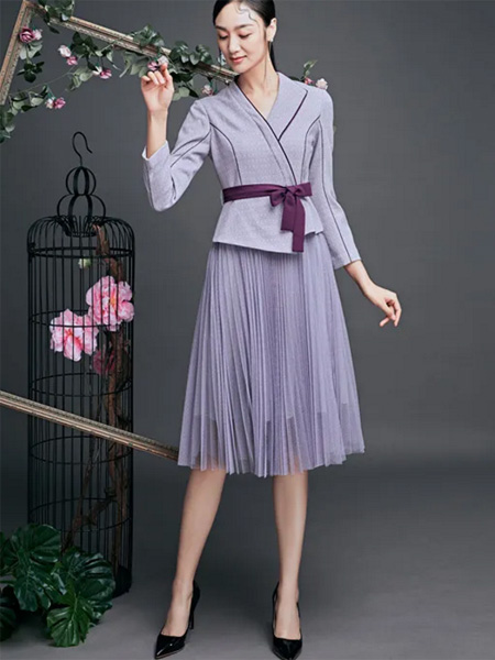 香西旗袍女装品牌2021春夏淡紫色套裙