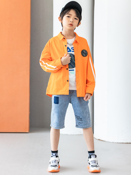 德蒙斯特童装品牌2021春夏橙色排扣外套