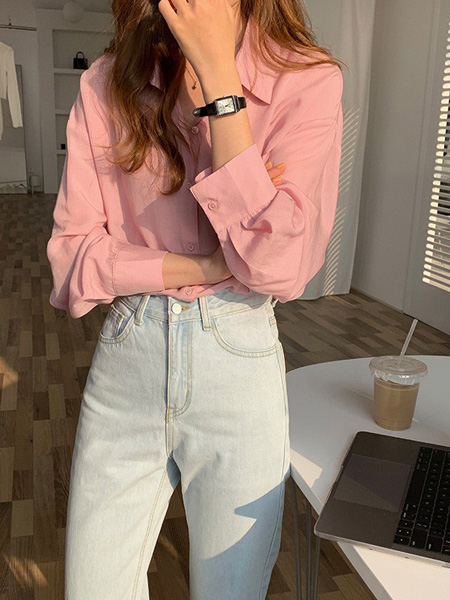 韩迅女装品牌2021春夏粉色衬衫