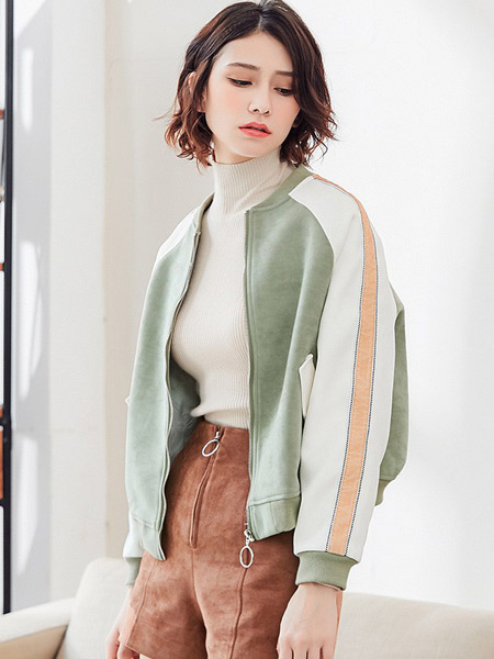 QIANSU(芊素)女装品牌2021春夏拼色拉链外套