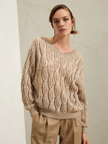布内罗·古奇拉利羽绒羊绒品牌2021春V领宽松针织毛衣