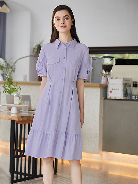 古木夕羊GMXY女装品牌2021春紫色排扣连衣裙