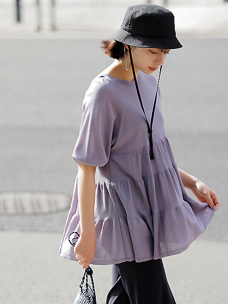 COCODEAL女装品牌2021春夏紫色宽松泡泡袖上衣裙