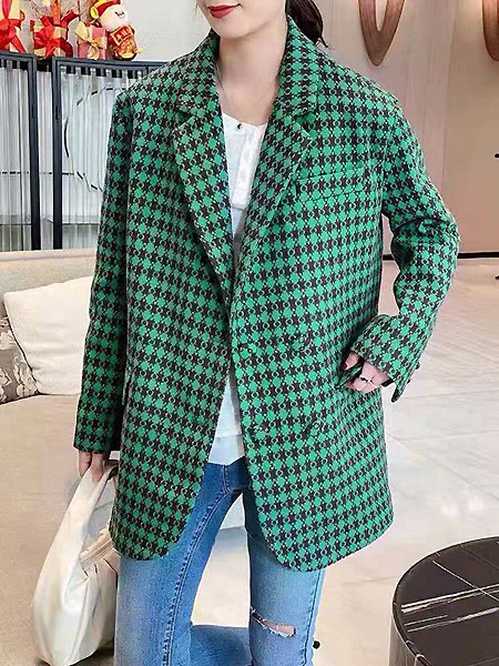 Rong Lian融恋女装品牌2021春夏绿色格子西装款式外套