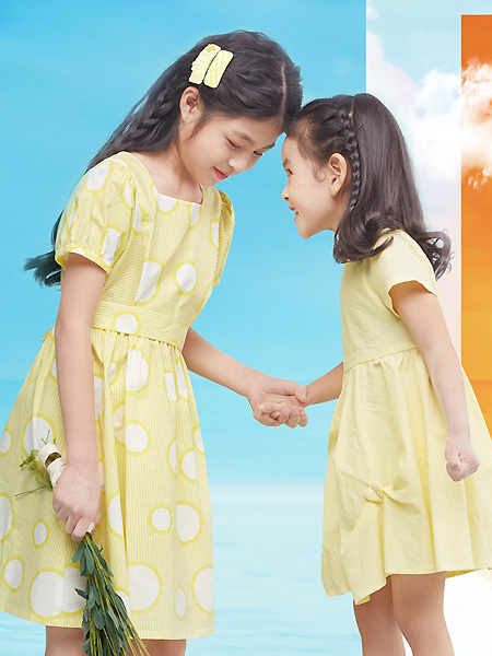 巴柯拉童装品牌2021春夏波点收腰黄色连衣裙