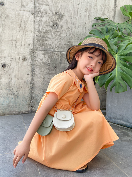 优仔优妹童装品牌2021春夏橙色短袖甜美长裙
