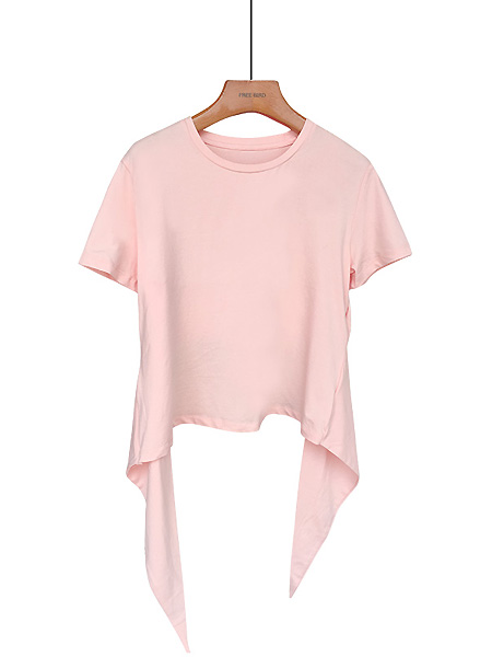 自由鸟女装品牌2021夏季粉色纯棉下摆系带短袖