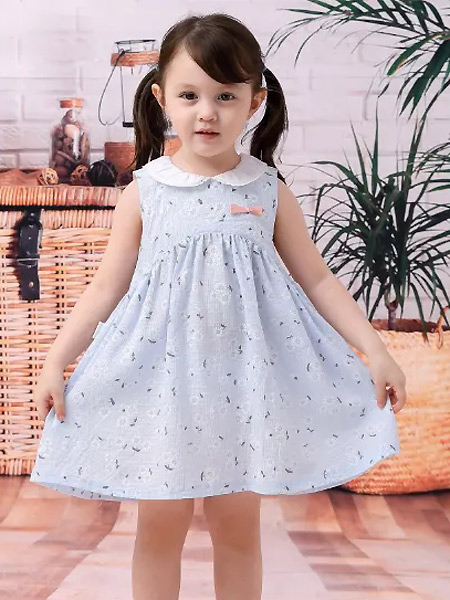 棉果果童装品牌2021夏季娃娃领森系蓝色连衣裙