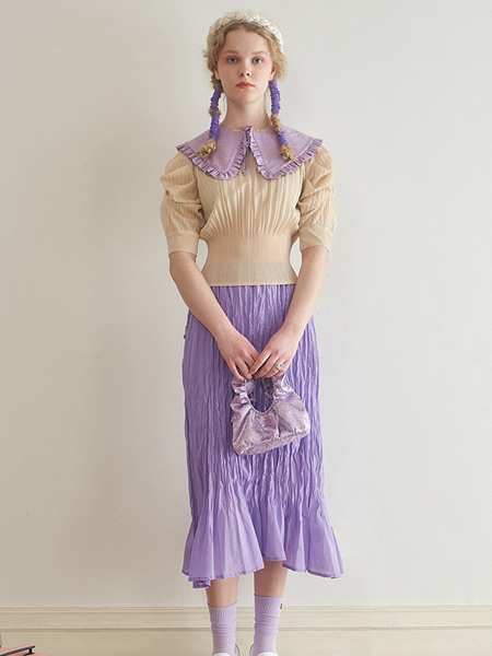 BIBILEE女装品牌2021春夏季紫色褶皱半身裙