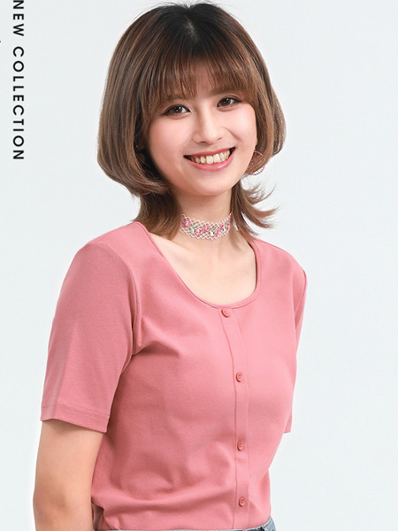 Jeanswest真维斯女装品牌2021夏季U领藕粉色减龄上衣