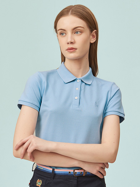 卡迪登路女装品牌2021夏季蓝色通勤POLO衫