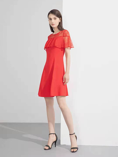 柏宇度女装品牌2021夏季红色镂空收腰微褶连衣裙