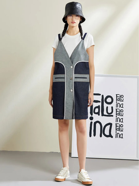 法路易娜女装品牌2021夏季时尚潮流撞色吊带裙