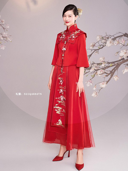 SZ定制女装品牌2021春夏红色印花新娘套裙