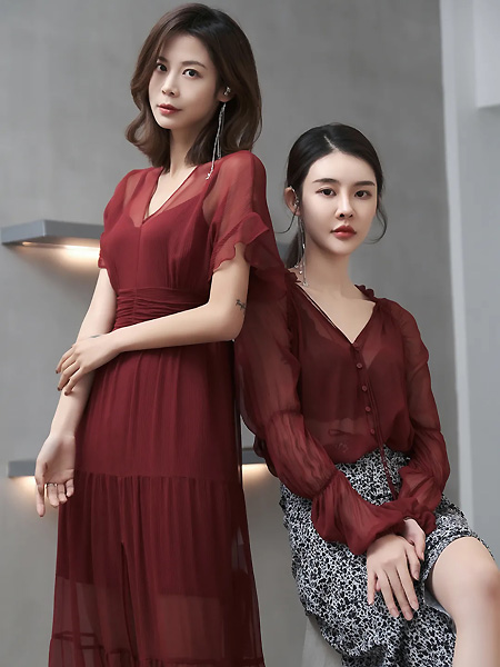 3F女装品牌2021夏季V领酒红色薄款上衣