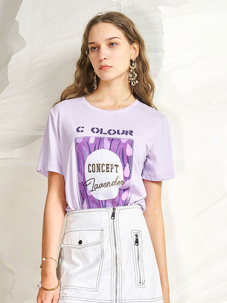 卓多姿女装品牌2021春夏紫色宽松纯棉T恤