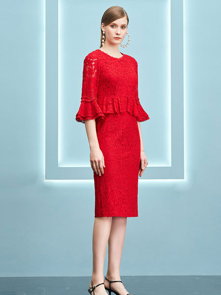 KODICE女装品牌2021春夏红色镂空透气时尚套裙