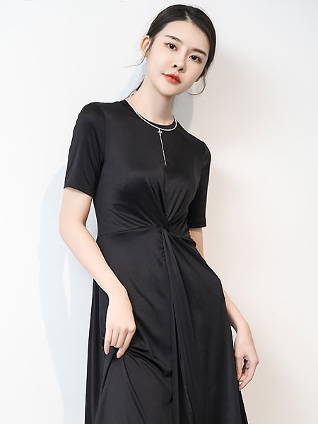 3ffusive女装品牌2021夏知性黑色滑顺长裙