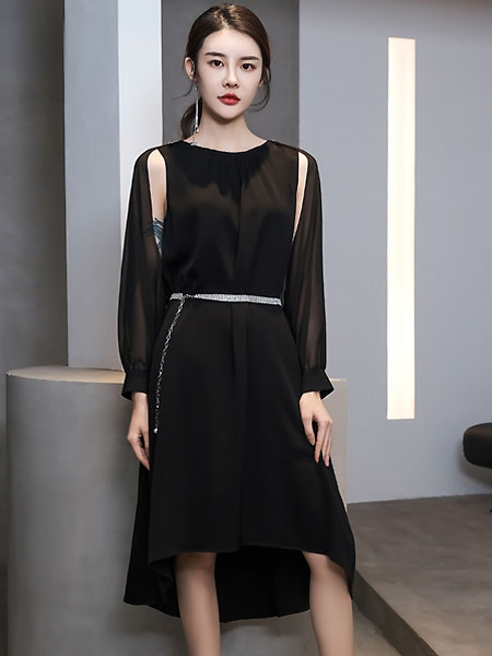 3ffusive女装品牌2021夏季时尚黑色下摆不规则连衣裙