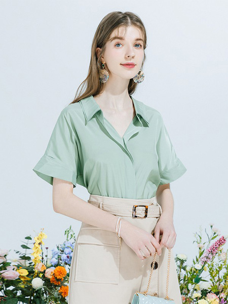 佳人苑女装品牌2021春夏绿色纯棉衬衣