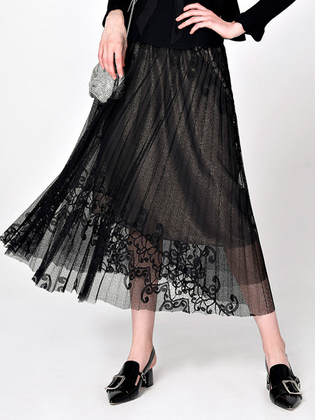 KODICE女装品牌2021夏季黑色及踝长款轻盈透视薄纱蕾丝百褶半身裙