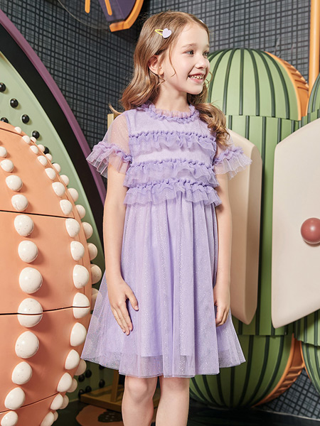 爱法贝童装品牌2021夏季紫色网纱荷叶短袖连衣裙