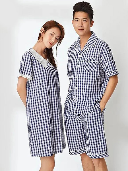 天竹健康生活馆内衣品牌2021夏季情侣格子睡衣套装