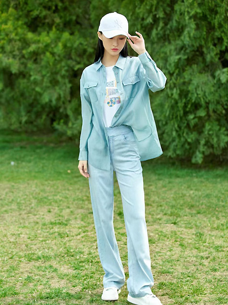 宝薇女装品牌2021夏季薄款蓝色休闲衬衣