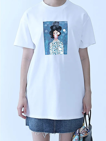 蒂蒂猫女装品牌2021夏季中长款休闲白色T恤