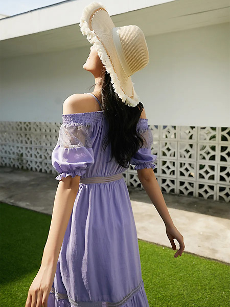 熙然女装品牌2021夏季紫色女神长裙