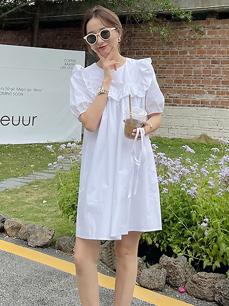 joy speaker桔尚女装品牌2021夏季白色减龄连衣裙