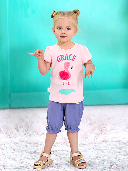 棉果果童装品牌2021夏季粉色印字母T恤