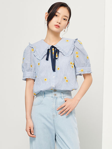 金苑女装品牌2021夏季袖条纹绣花衬衫
