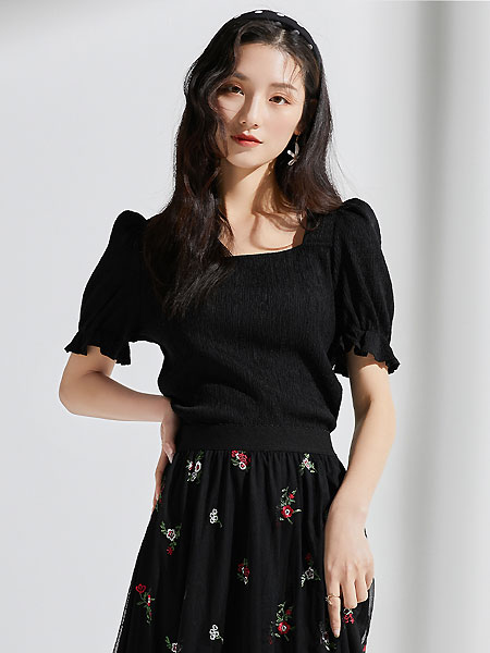 金苑女装品牌2021夏季韩版方领泡泡袖雪纺衫