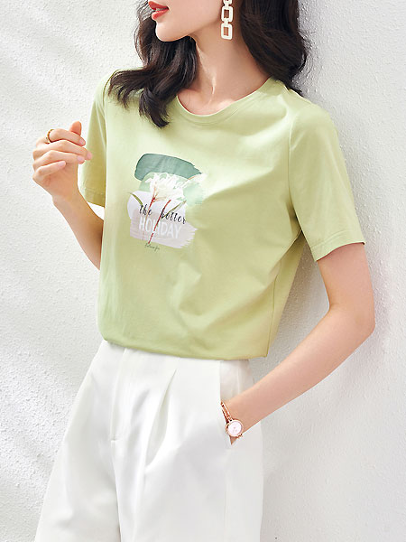 欧莎女装品牌2021夏季欧洲站绿色t恤女士短袖印花