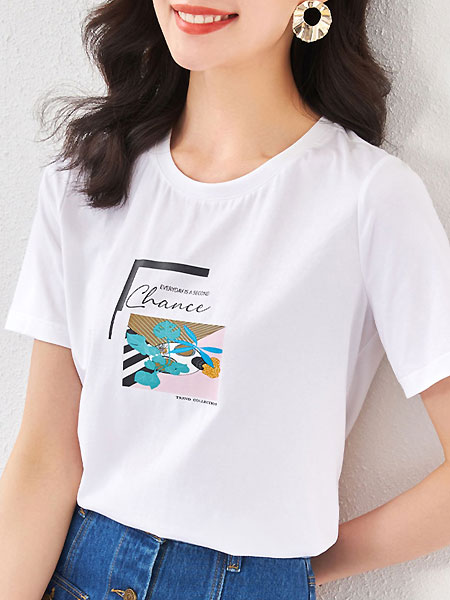 欧莎女装品牌2021夏季白色印花t恤短袖
